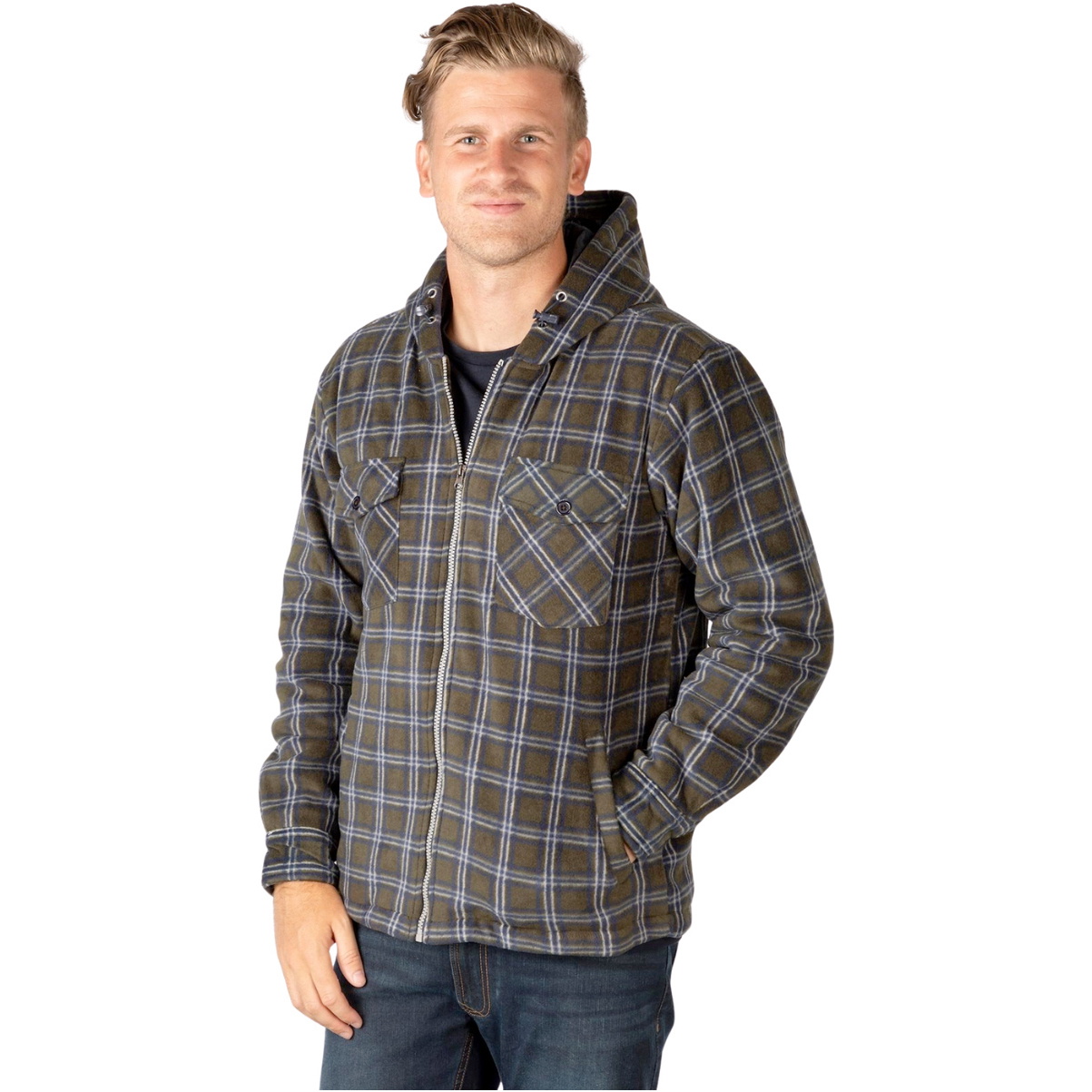 2025 Rydale Mens Hooded Fleece Overshirt Ulrome 412848 - Olive / Navy